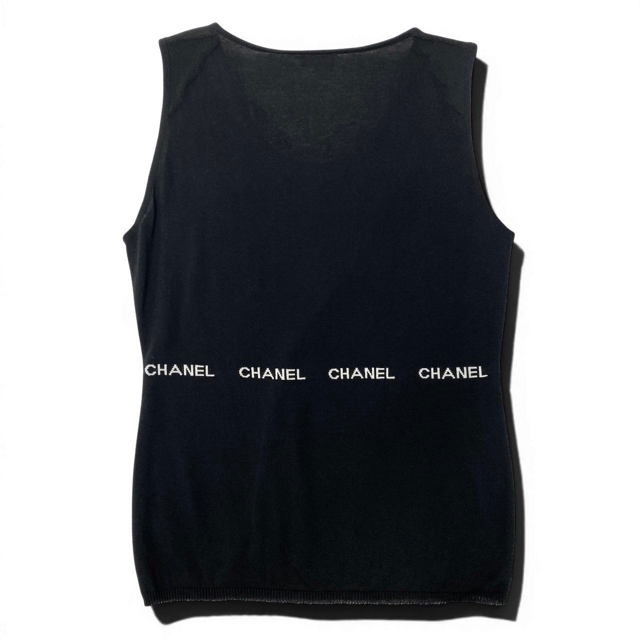 Cd22 CHANEL シャネル 2004年 ノースリーブニットセーター  CHANELロゴ トップス ブラック レディース 女性用u02t