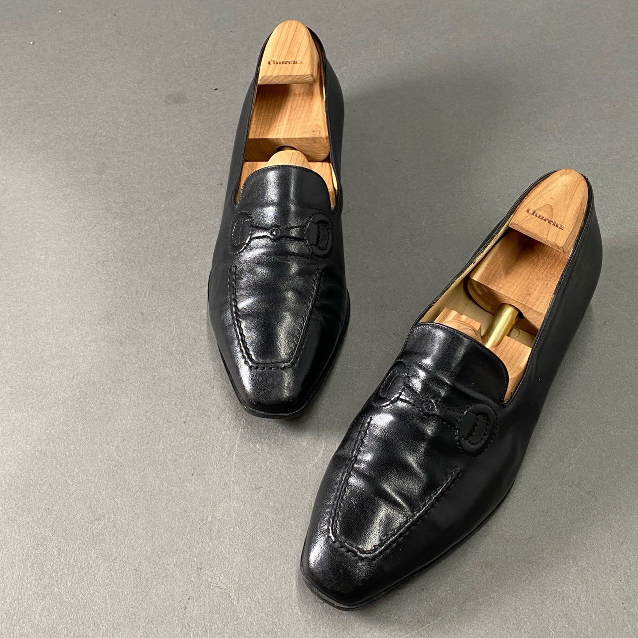 1f12 GUCCI グッチ オールレザー ホースビットステッチ ローファー 37 1/2 ブラック Leather イタリア製 シューズ