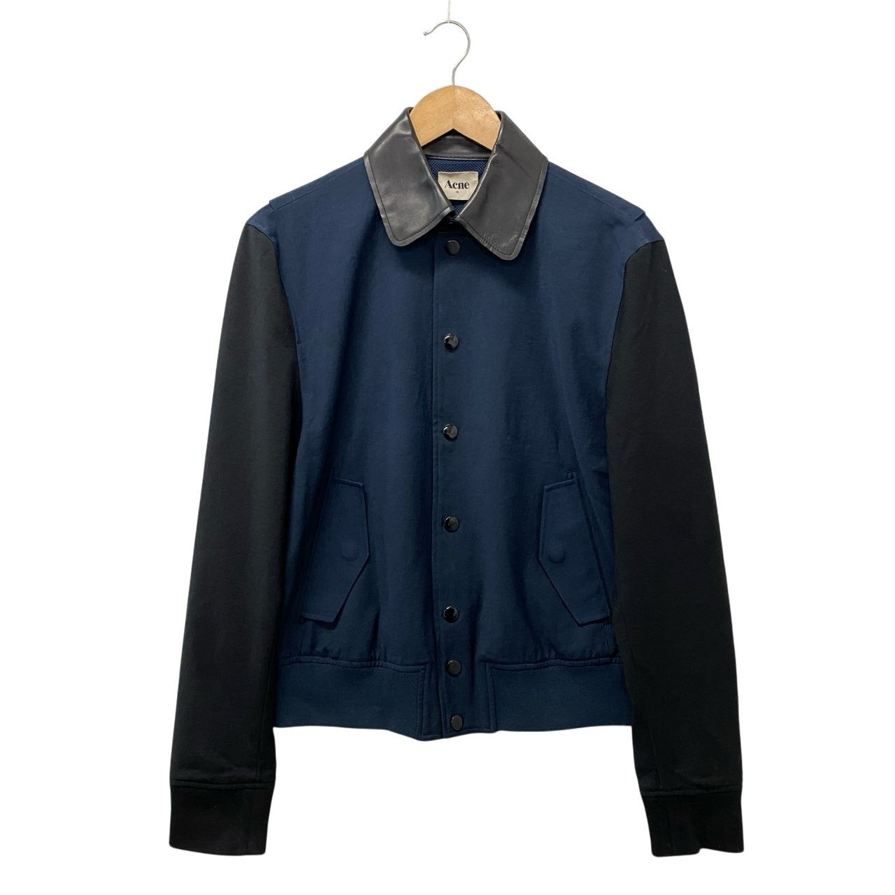62a28 Acne アクネ オールド ブルゾンジャケット 襟レザー アウター 48サイズ ネイビー ポリエステル100％ 牛革 メンズu02t