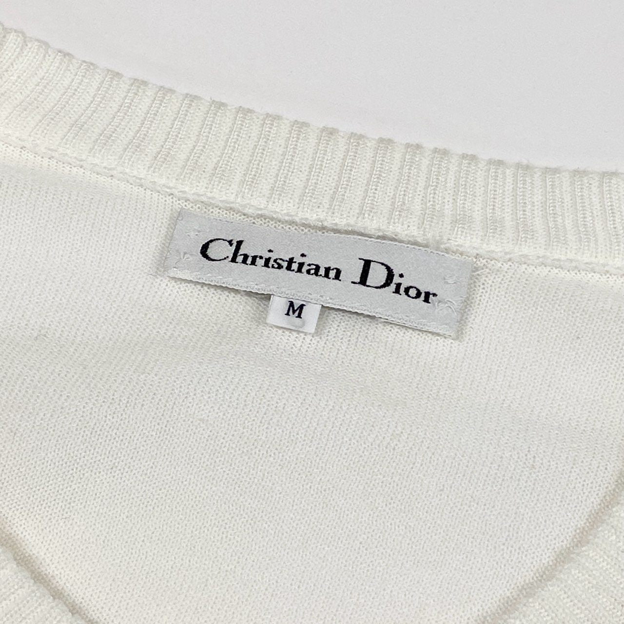 12a23 Christian Dior クリスチャンディオール 半袖ニット サマーセーター トップス エンブレム刺繍 M ホワイト コットン レディースu02t