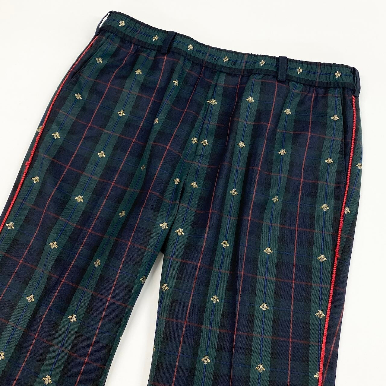41e14 GUCCI グッチ サイドラインチェックパンツ BEE 蜂 刺繍 タータンチェック イタリア製 52サイズ グリーン系 ウール100％ メンズ 男性用u02t