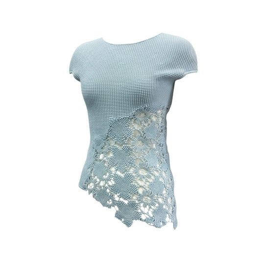 15K18 【美品】CHANEL シャネル 2014SS レース切替 ワッフルカットソー P41341K03047 サイズ34 ブルー系 レディース 女性用 トップスk02i