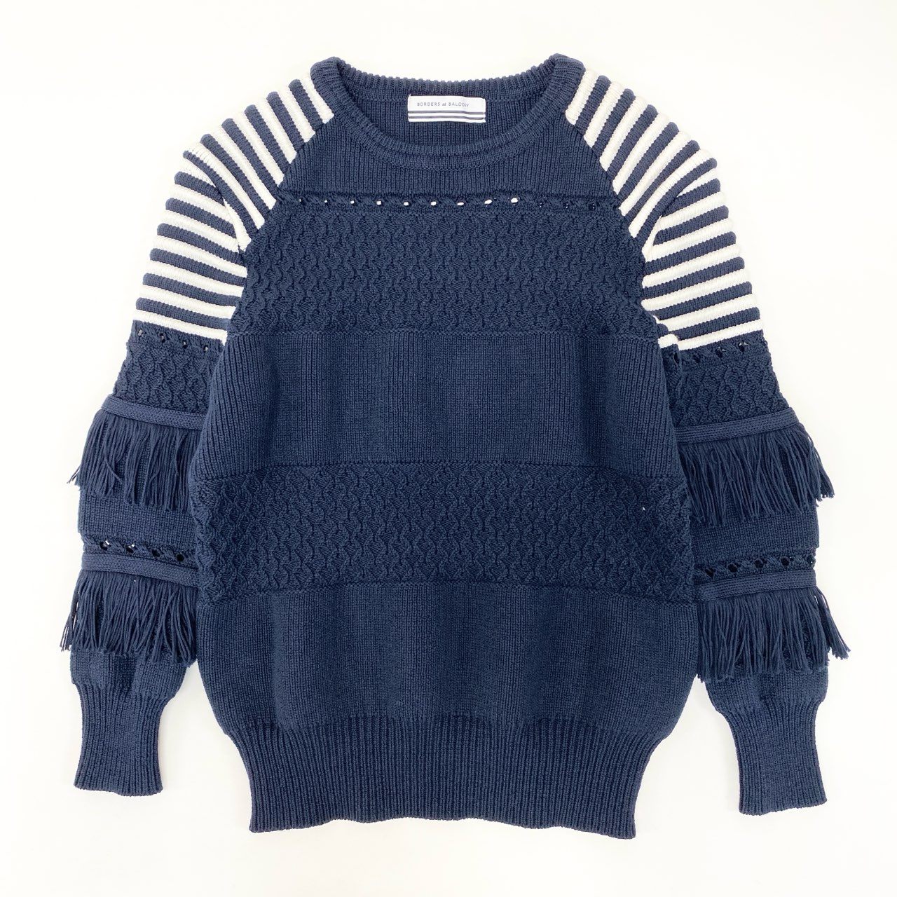 54h27 《美品》 BORDERS at BALCONY ボーダーズアットバルコニー フリンジ ニット セーター 洗える サイズ36 ネイビー ホワイト ボーダー コットン レディースu02t