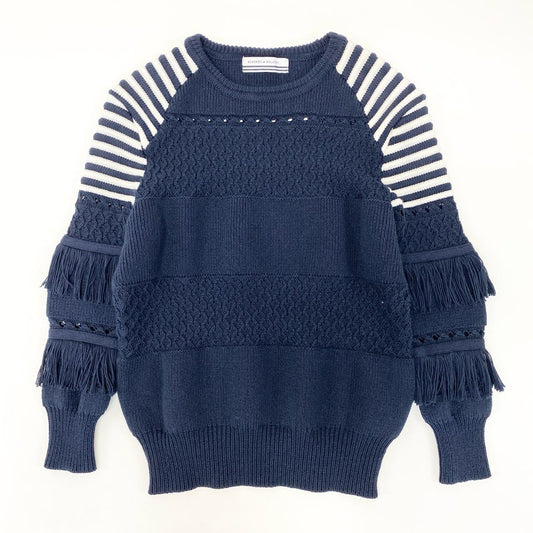 54h27 《美品》 BORDERS at BALCONY ボーダーズアットバルコニー フリンジ ニット セーター 洗える サイズ36 ネイビー ホワイト ボーダー コットン レディースu02t