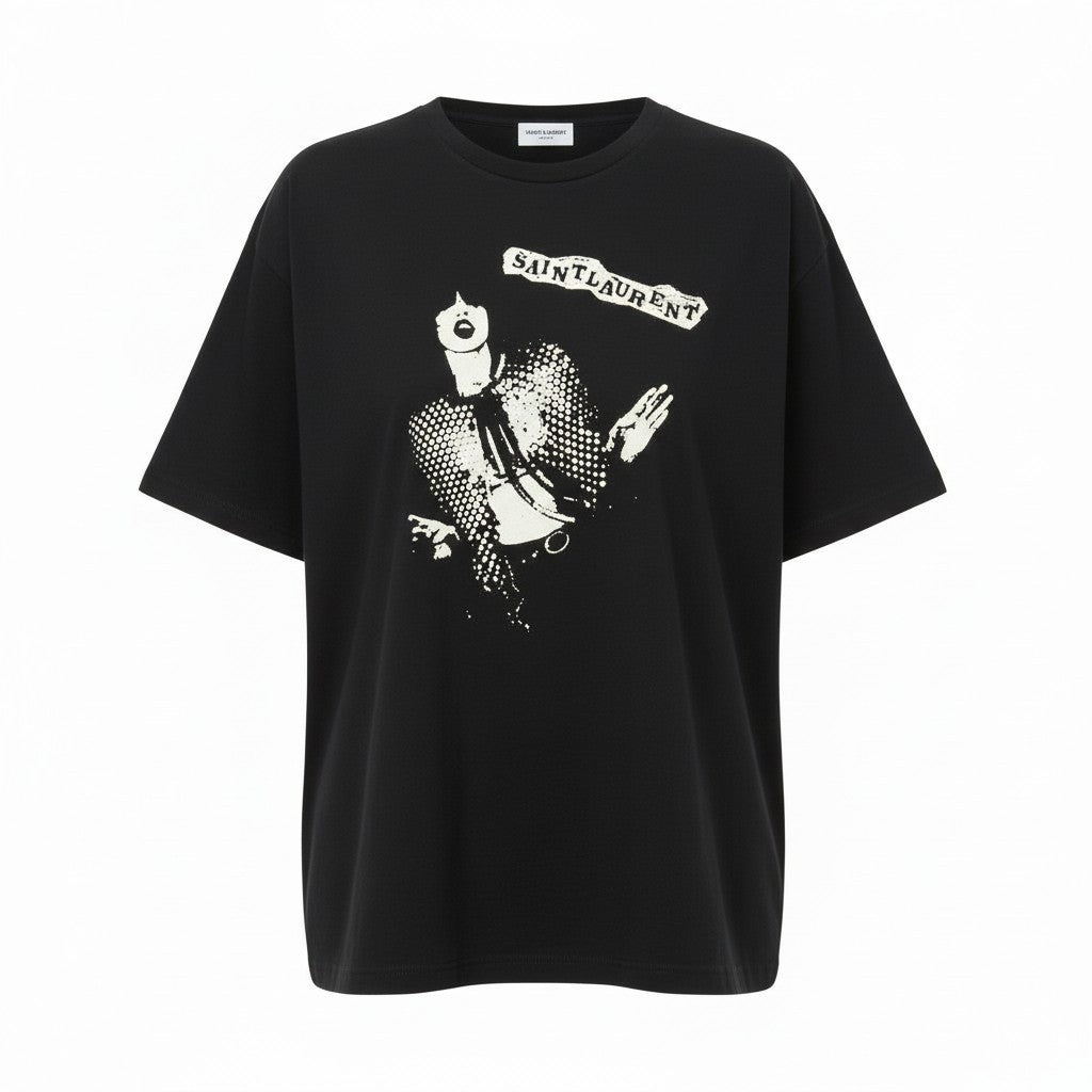 K6c20 SAINT LAURENT PARIS サンローラン パリ ロックンロール グラフィック Tシャツ カットソー トップス 631800 M ブラック コットン メンズsn1