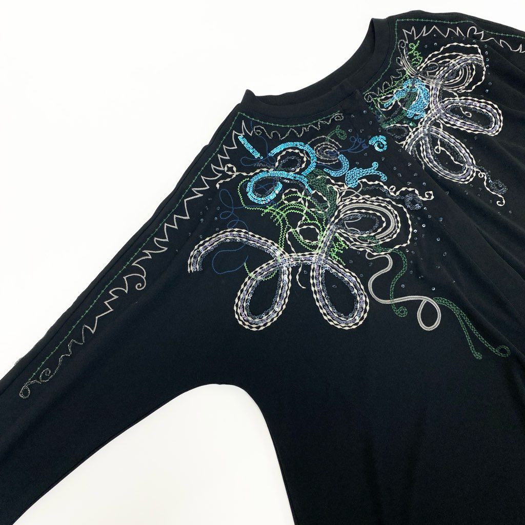 46a30 TOKUKO 1er VOL トクコプルミエヴォル ロングスリーブカーディガン チュニック丈 スパンコール 刺繍 ストレッチ○ レディース 9 ブラックu02t