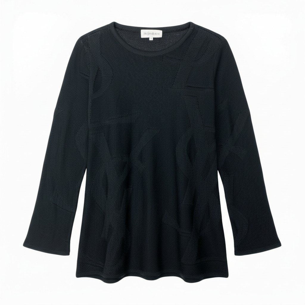 Ic5 YVESSAINTLAURNENT イヴサンローラン ロングスリーブニット エンボスデザイン ニットセーター Lサイズ ブラック レーヨン100％ レディース 女性用o07t