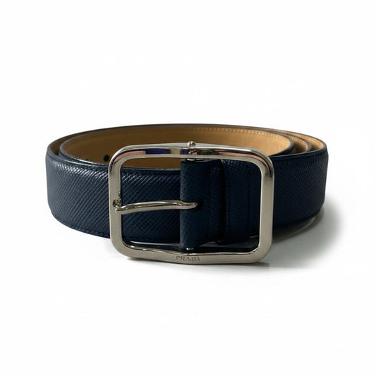 d23 PRADA プラダ サフィアーノ レザーベルト 型押しレザー イタリア製 36/90 ネイビー メンズ 紳士用u02t