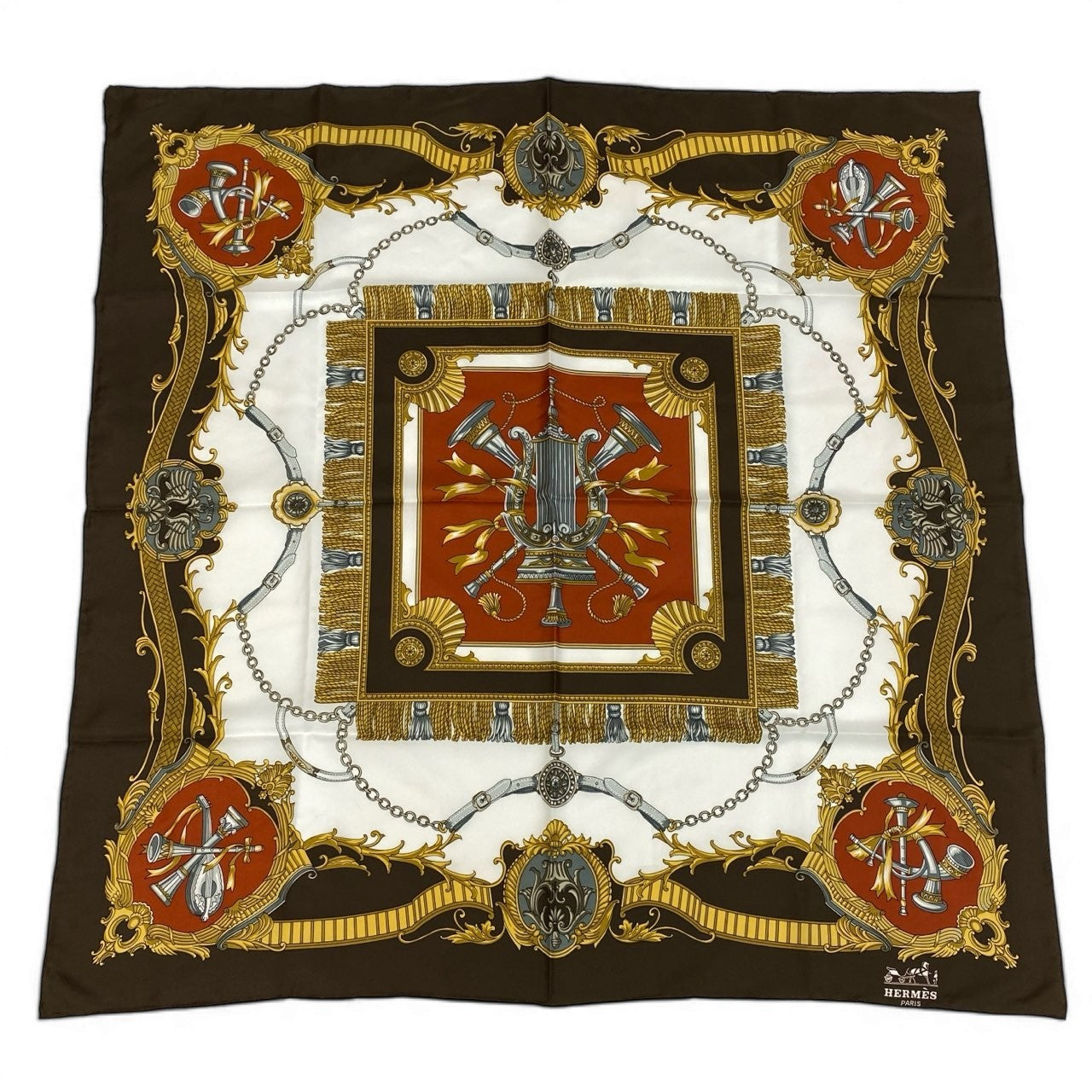 d9 HERMES エルメス カレ90 シルクスカーフ  Carre 90 Silk Scarf 茶系 小物t18r