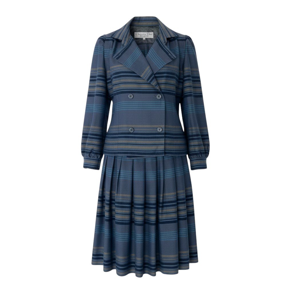 85i15 Christian Dior クリスチャンディオール セットアップスカート ダブルブレストジャケット プリーツスカート ボーダー柄 サイズ7 グレー レディースo07t