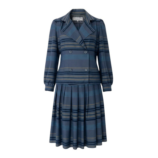 85i15 Christian Dior クリスチャンディオール セットアップスカート ダブルブレストジャケット プリーツスカート ボーダー柄 サイズ7 グレー レディースo07t