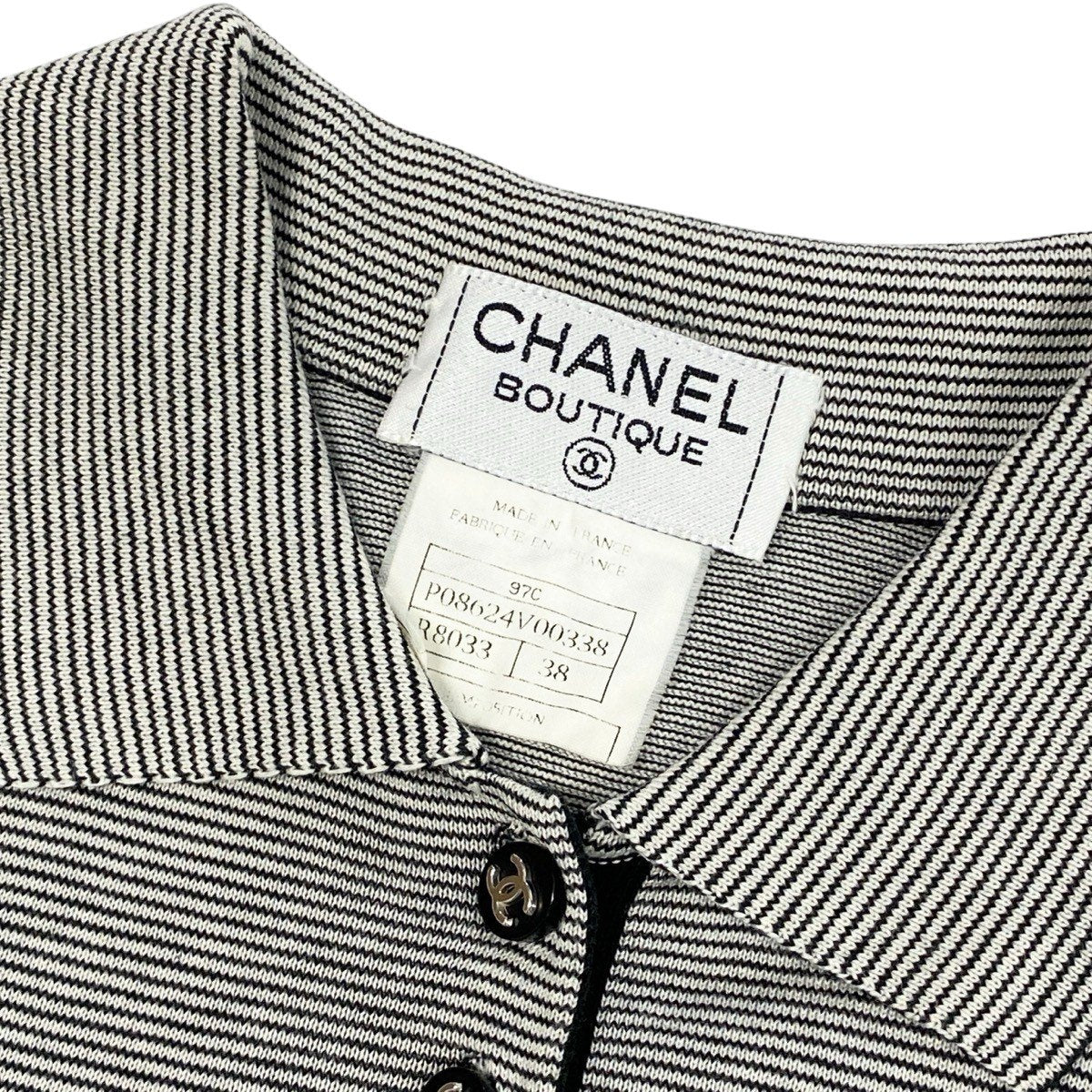 Ce29 CHANEL BOUTIQUE シャネル 1997年 ココマークボタン 半袖ポロシャツ ボーダー P08624 サイズ38 ブラック ホワイト コットン100％ レディース 女性服ta1