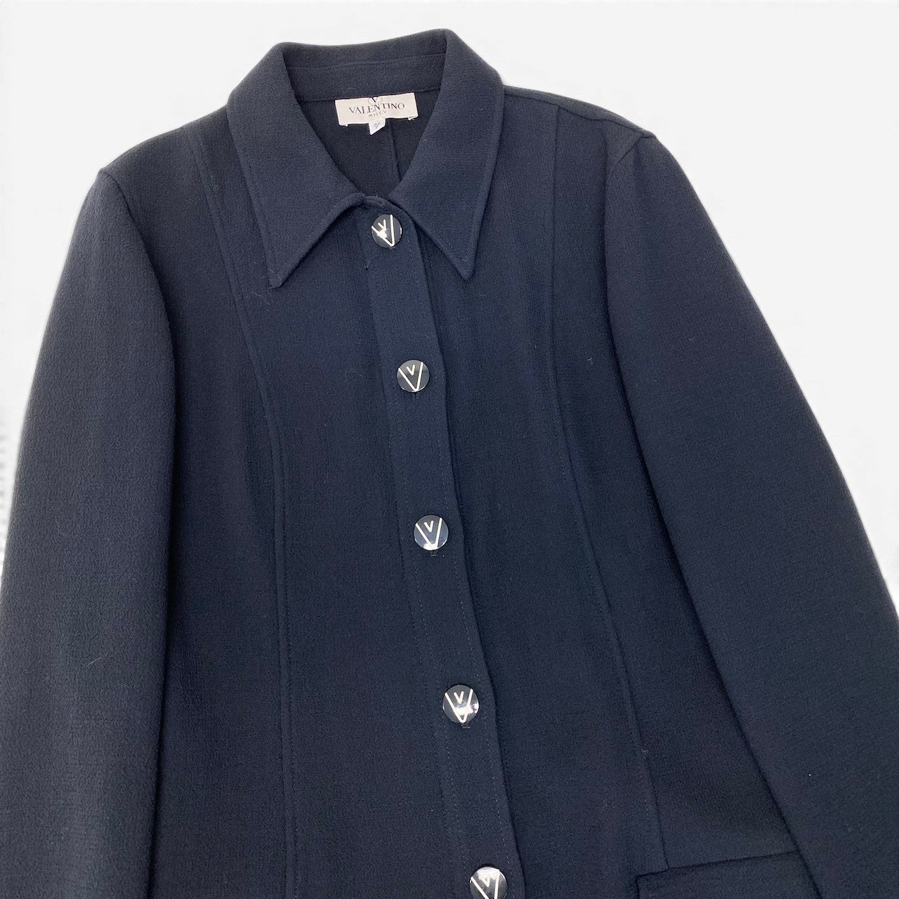 91g24 VALENTINO ヴァレンティノ ロングスリーブシャツワンピース ロゴボタン ドレス 42/8 サイズ ダークネイビー ウール100％ レディース 女性用u02t