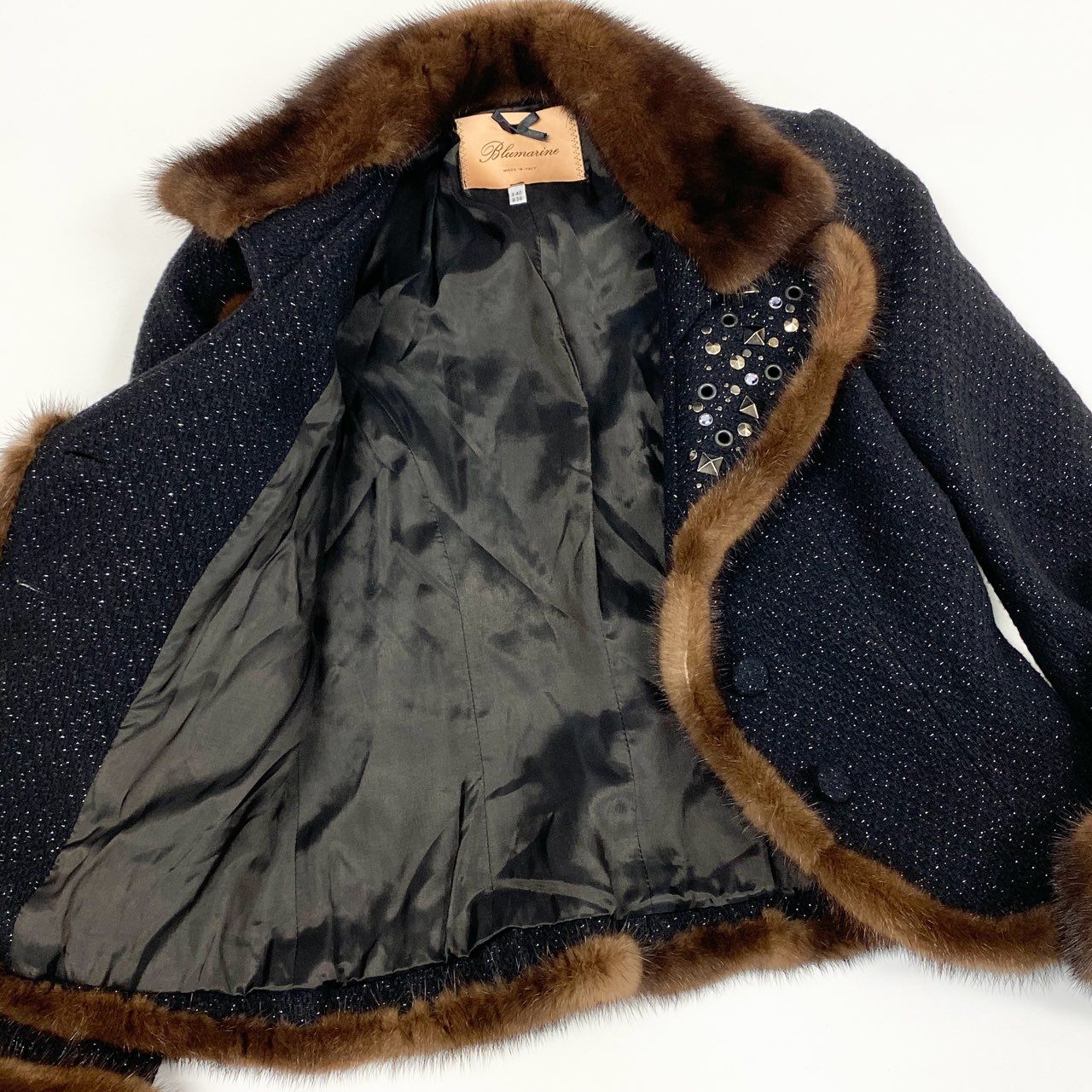 83i29 《美品》Blumarine ブルマリン ツイードジャケット ジャケットアウター スタッズ ファー 36サイズ ブラック ブラウン レディースo07t