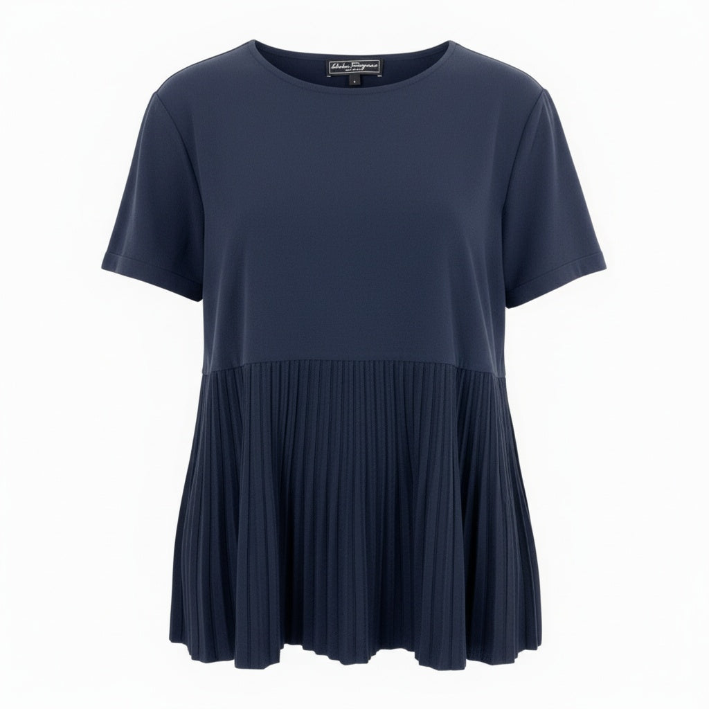 Eb19 《美品》 Salvatore Ferragamo サルヴァトーレフェラガモ プリーツ切替 半袖Tシャツ カットソー トップス L ネイビー レディースu02t