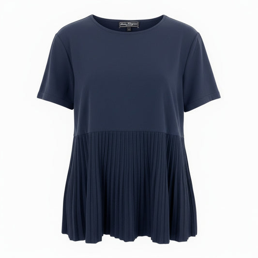 Eb19 《美品》 Salvatore Ferragamo サルヴァトーレフェラガモ プリーツ切替 半袖Tシャツ カットソー トップス L ネイビー レディースu02t