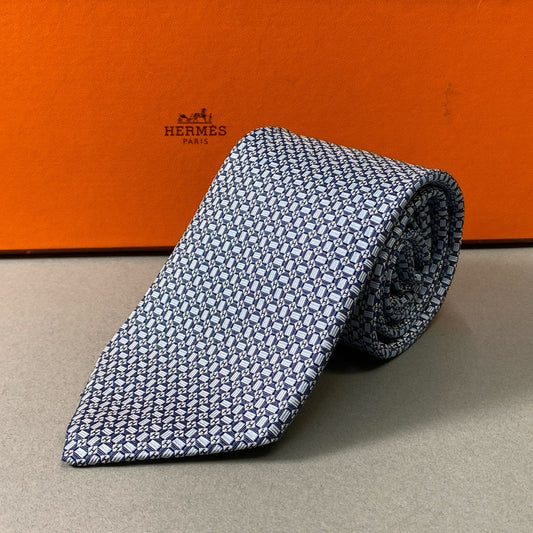 i10 《美品》 HERMES エルメス Hロゴ ネクタイ 総シルク ビジネス◎ ブルー シルク100 SILKk02i