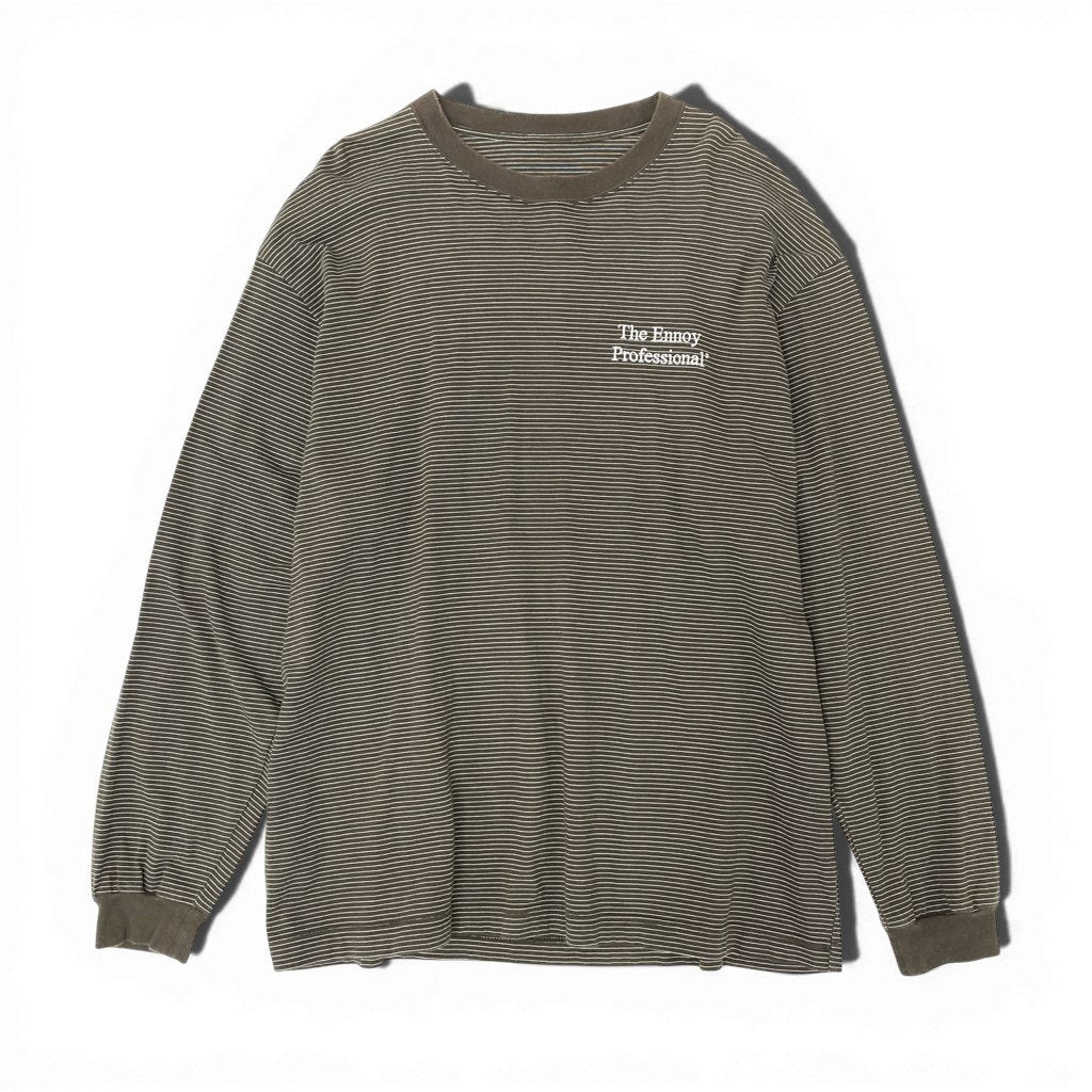6l25【美品】The Ennoy Professional エンノイプロフェッショナル ピンボーダー ロングスリーブTシャツ ロゴ刺繍 AW21BRENCT01AM Lサイズ ブラウン コットン100％ レディースu02t