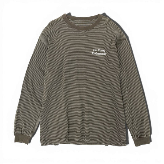 6l25【美品】The Ennoy Professional エンノイプロフェッショナル ピンボーダー ロングスリーブTシャツ ロゴ刺繍 AW21BRENCT01AM Lサイズ ブラウン コットン100％ レディースu02t