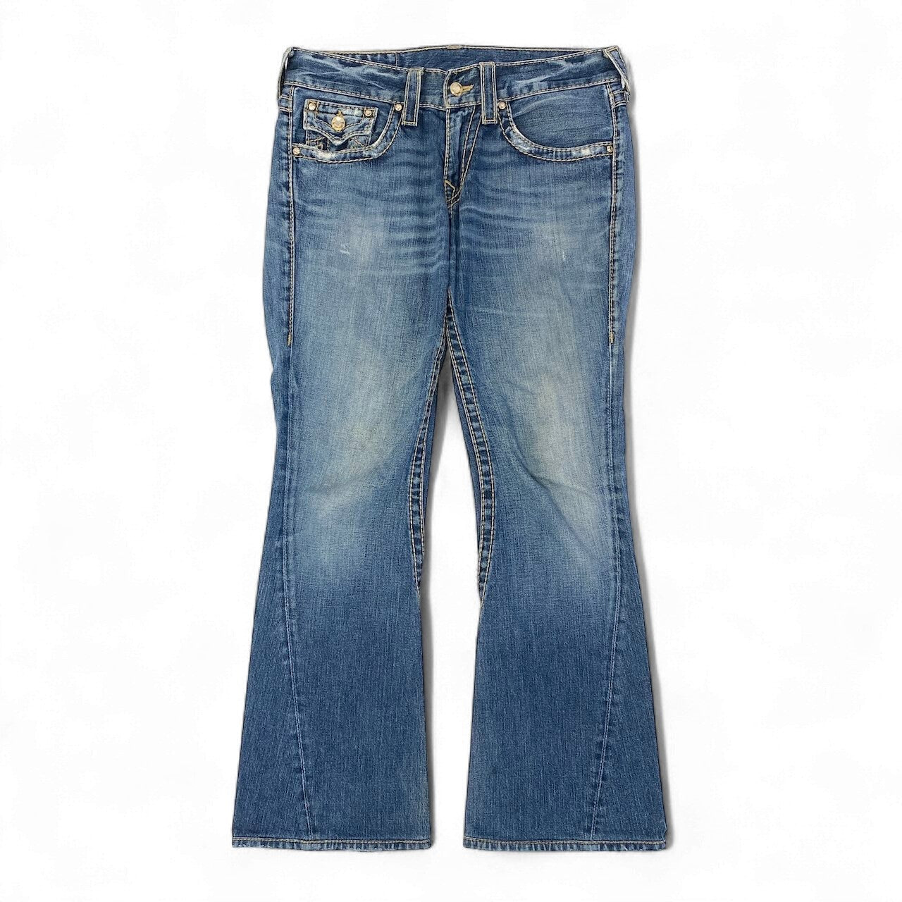 55d30 TRUE RELIGION トゥルーレリジョン 米国製 JOEY BIG T フレアデニム ブーツカット ラインストーン SEAT34 インディゴ コットン100％ メンズ 紳士服u02t