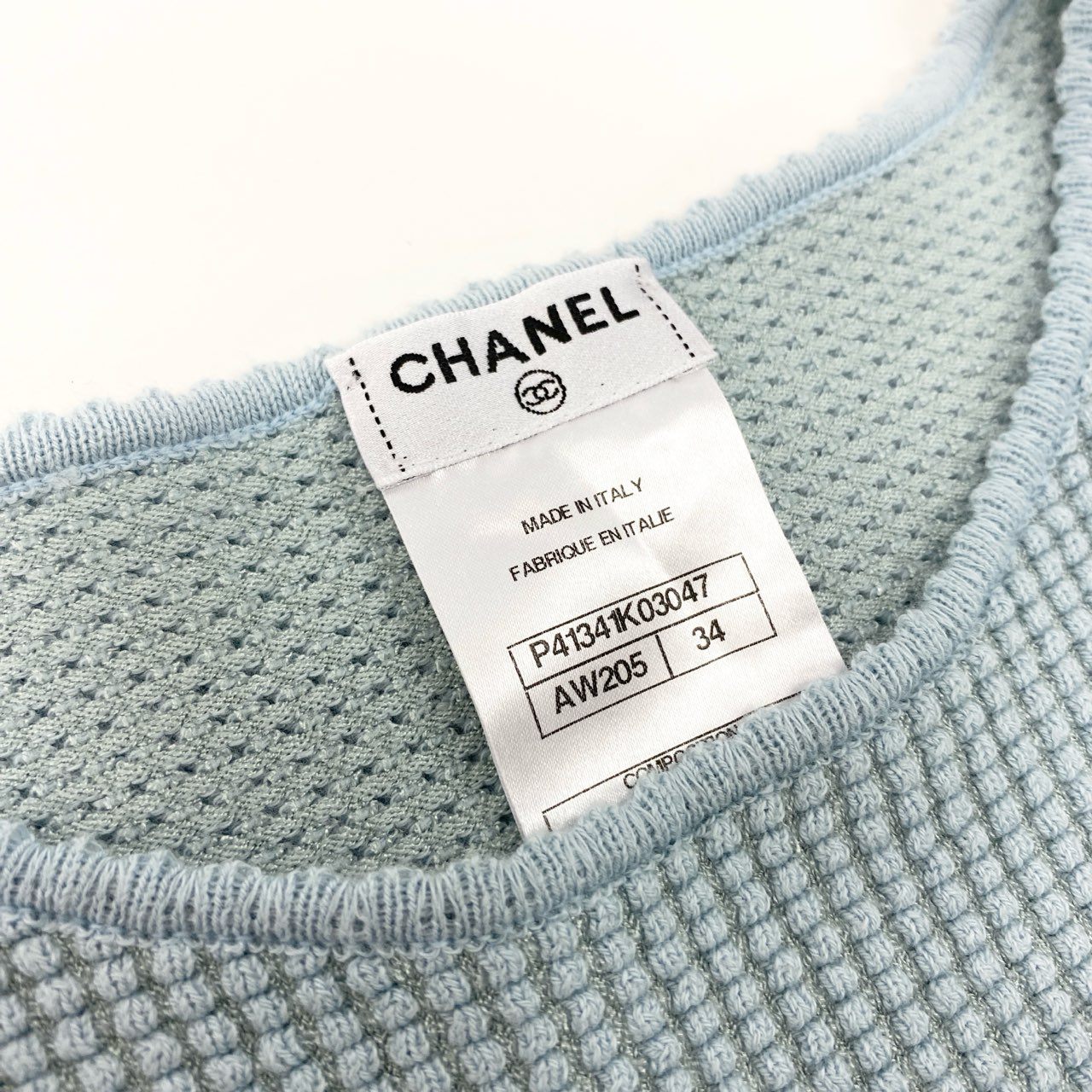 15K18 【美品】CHANEL シャネル 2014SS レース切替 ワッフルカットソー P41341K03047 サイズ34 ブルー系 レディース 女性用 トップスk02i