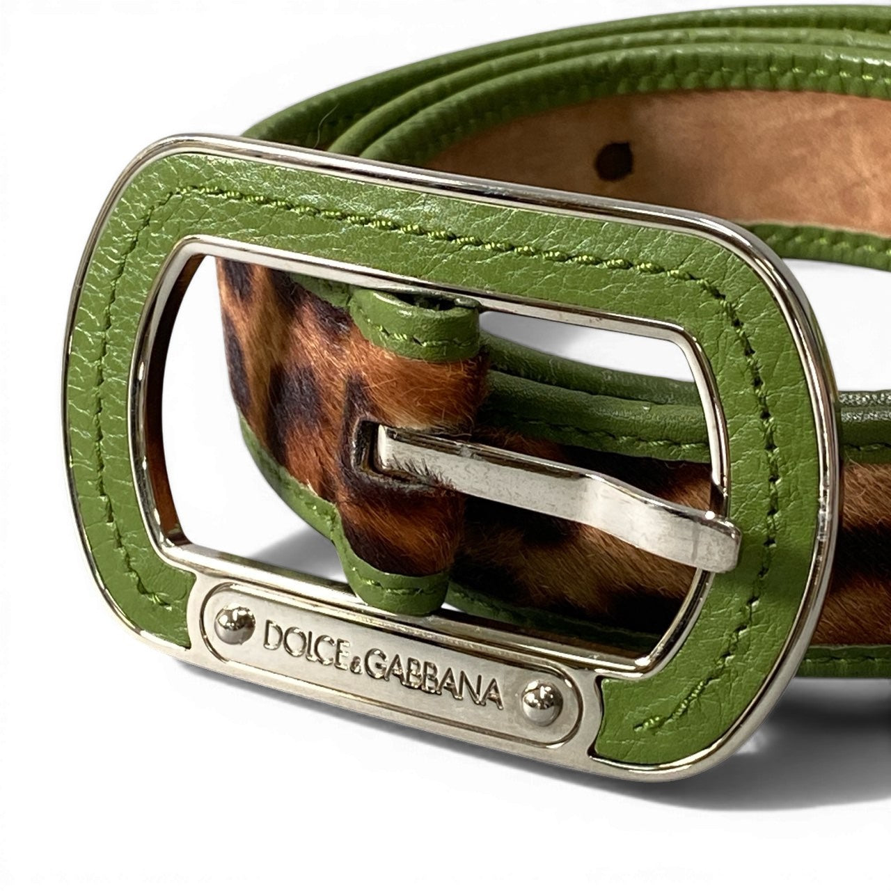 d9 DOLCE&GABBANA ドルチェアンドガッバーナ レオパード ハラコレザー ベルト  80 グリーン系 レザーu02t
