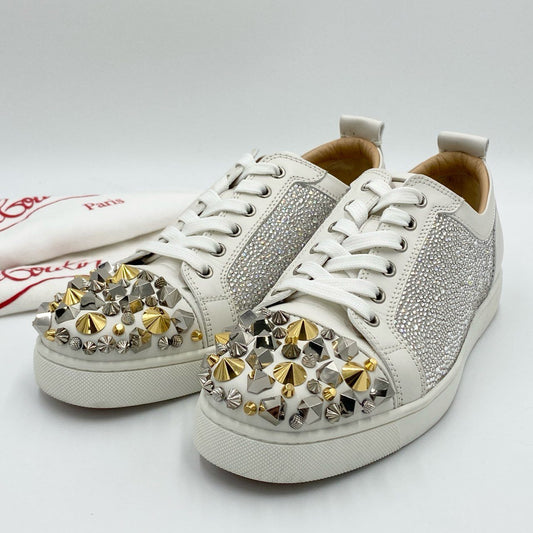 1h20《美品》 Christian Louboutin クリスチャンルブタン ルイスジュニア ストラス スパイク スニーカー シューズ スタッズ ラインストーン サイズ42 ホワイト メンズ 紳士靴k02i