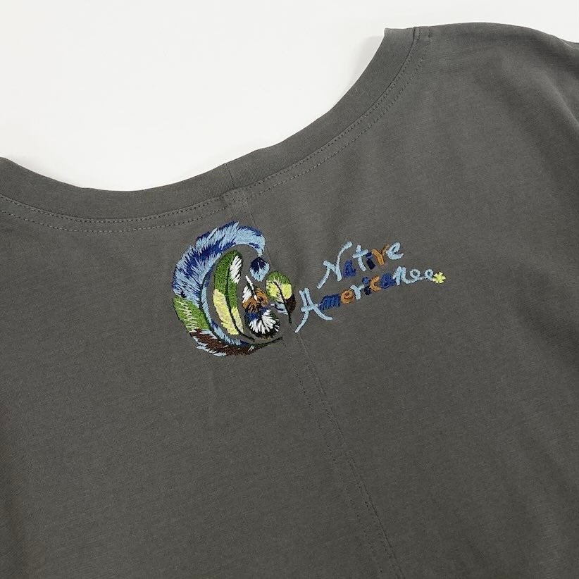 41c10 TOKUKO 1er VOL トクコプルミエヴォル チュニックワンピース Aライン 七分袖 羽柄  ストレッチ レディース 女性服 サイズ9 グレー系u02t