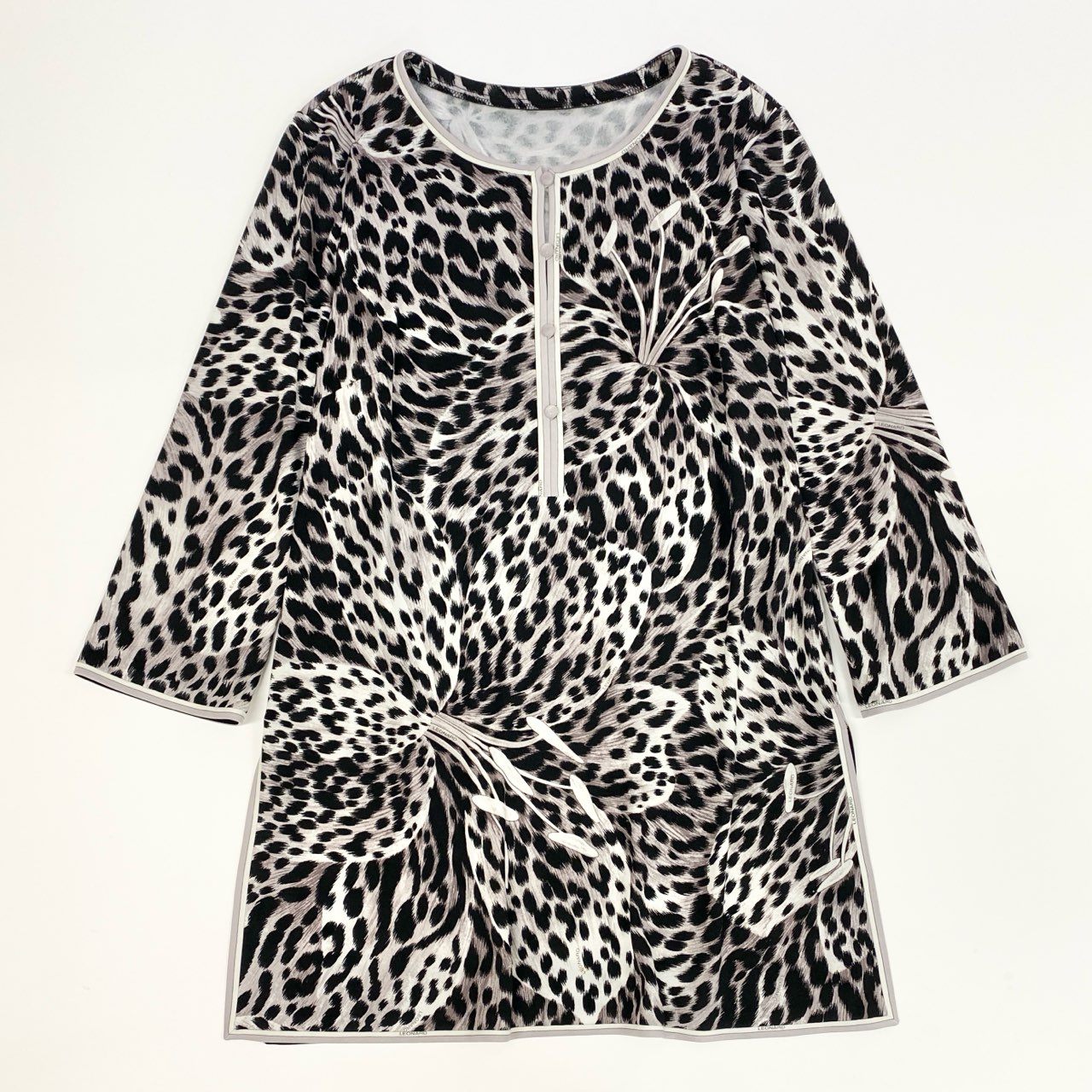 69k7  LEONARD レオナール  チュニックワンピース 7分袖 総柄 フラワーモチーフ カンカン素材 レディース 女性用 L マルチカラーo07t