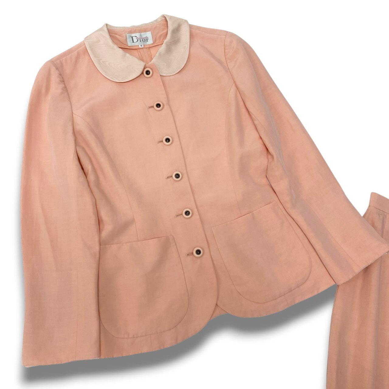 15c24 Mademoiselle Dior マドモアゼル ディオール スカートセットアップ ジャケット タイトスカート 丸襟 Sサイズ ピンク系 レディース 女性用o07t