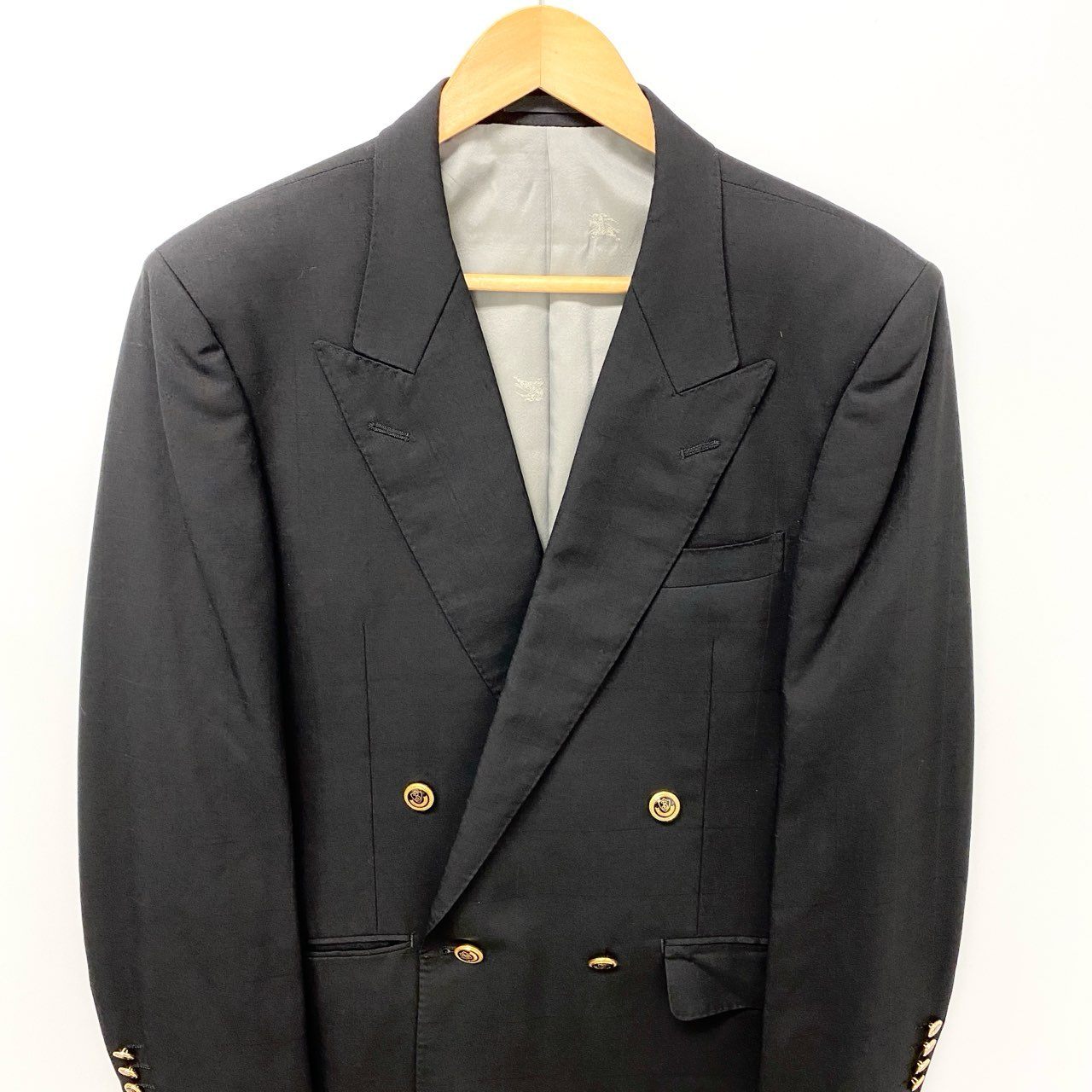 6c20 Burberrys バーバリーズ テーラージャケット ブレザー ダブル ロゴボタン 180A7 ブラック チェック ウール メンズu02t