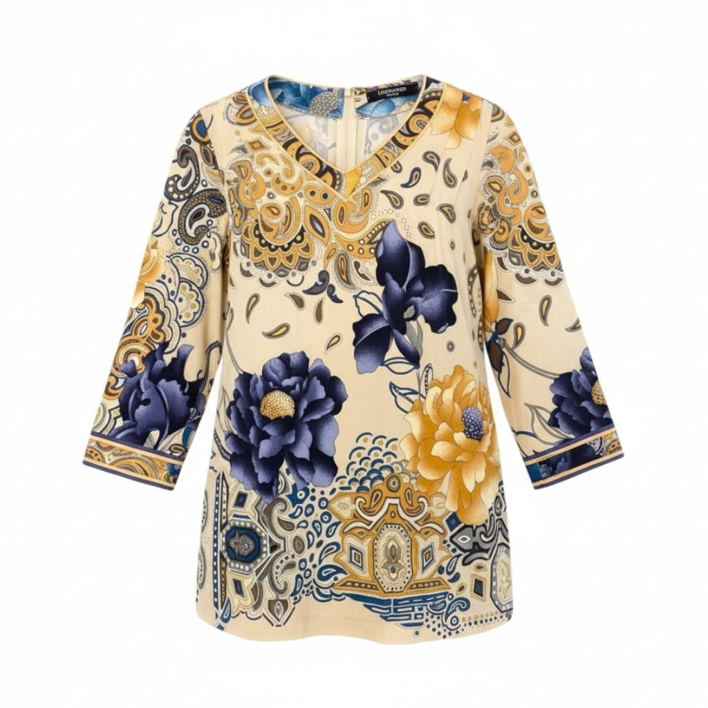 59L15 【美品】LEONARD レオナール チュニック ロングスリーブカットソー Vネック カンカン素材 総柄 トップス 40サイズ ベージュ系 レディースo07t