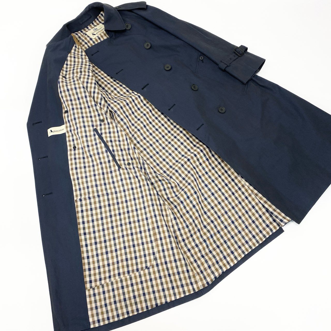 51Ⅼ2 Aquascutum OF LONDON アクアスキュータム 英国製 トレンチコート ロングコート 裏地チェック柄 メンズ 紳士服 ネイビー コットン100％u02t