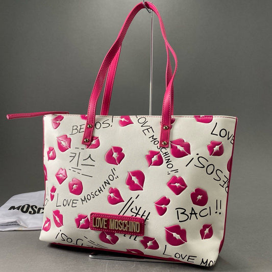 Df8 《美品》 LOVE MOSCHINO ラブ モスキーノ Lips Bag リップス トートバッグ ホワイト ピンク ショルダーバッグ