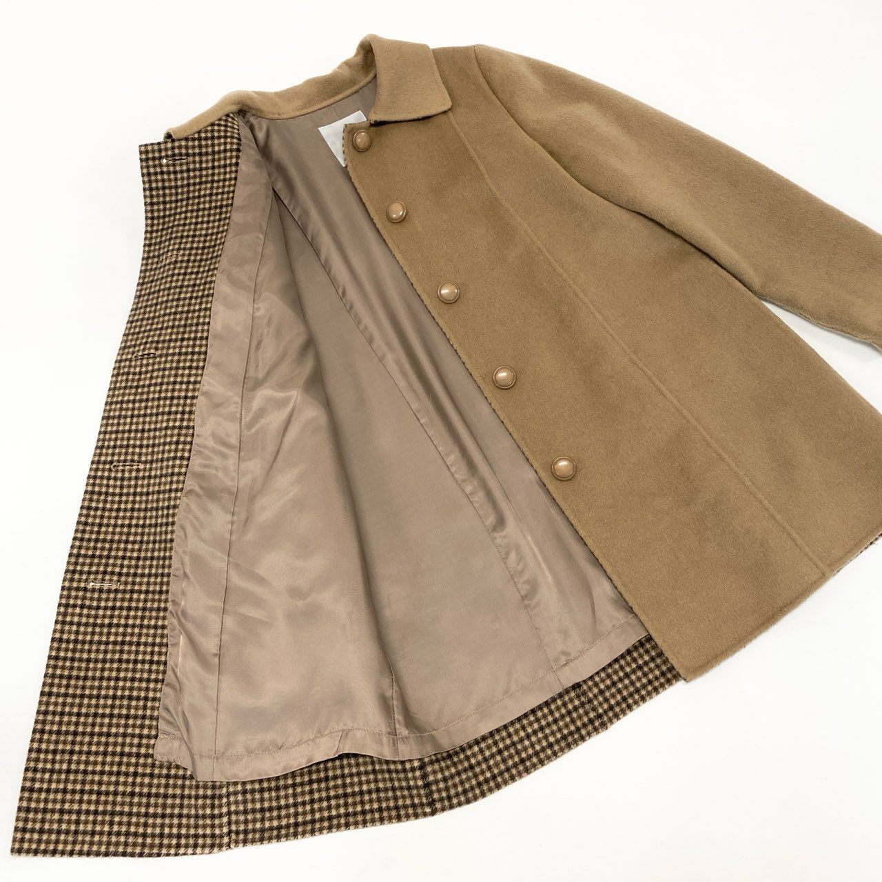 79k21 近年 Leilian レリアン ステンカラーコート カシミヤコート 切替チェック柄 レディース 女性用 9 ベージュ カシミア100％u02t