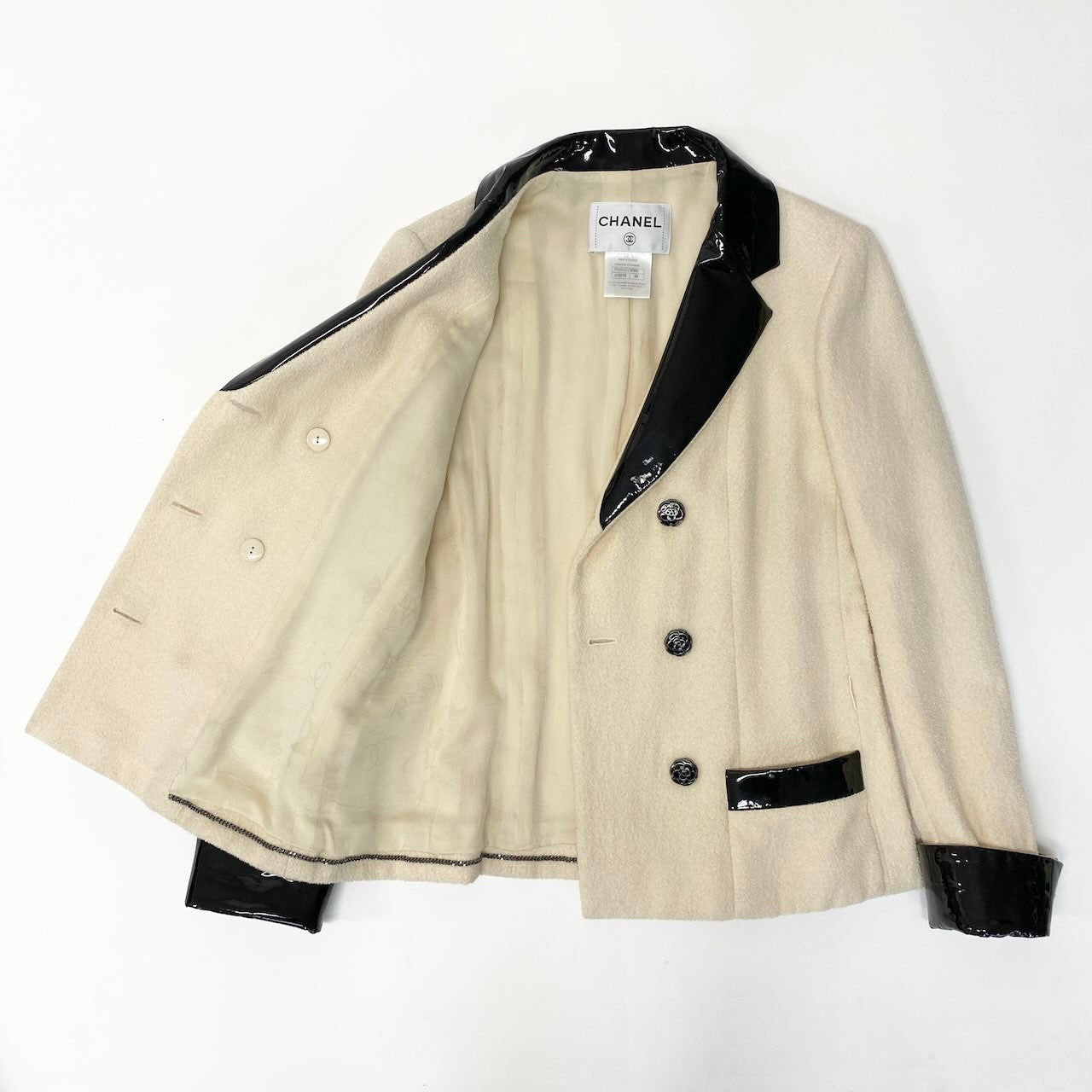 C CHANEL シャネル 16SS ツイードジャケト スプリングジャケット パテントレザー襟 カメリアボタン フランス製 38サイズ アイボリー ブラック レディース 女性用nu1