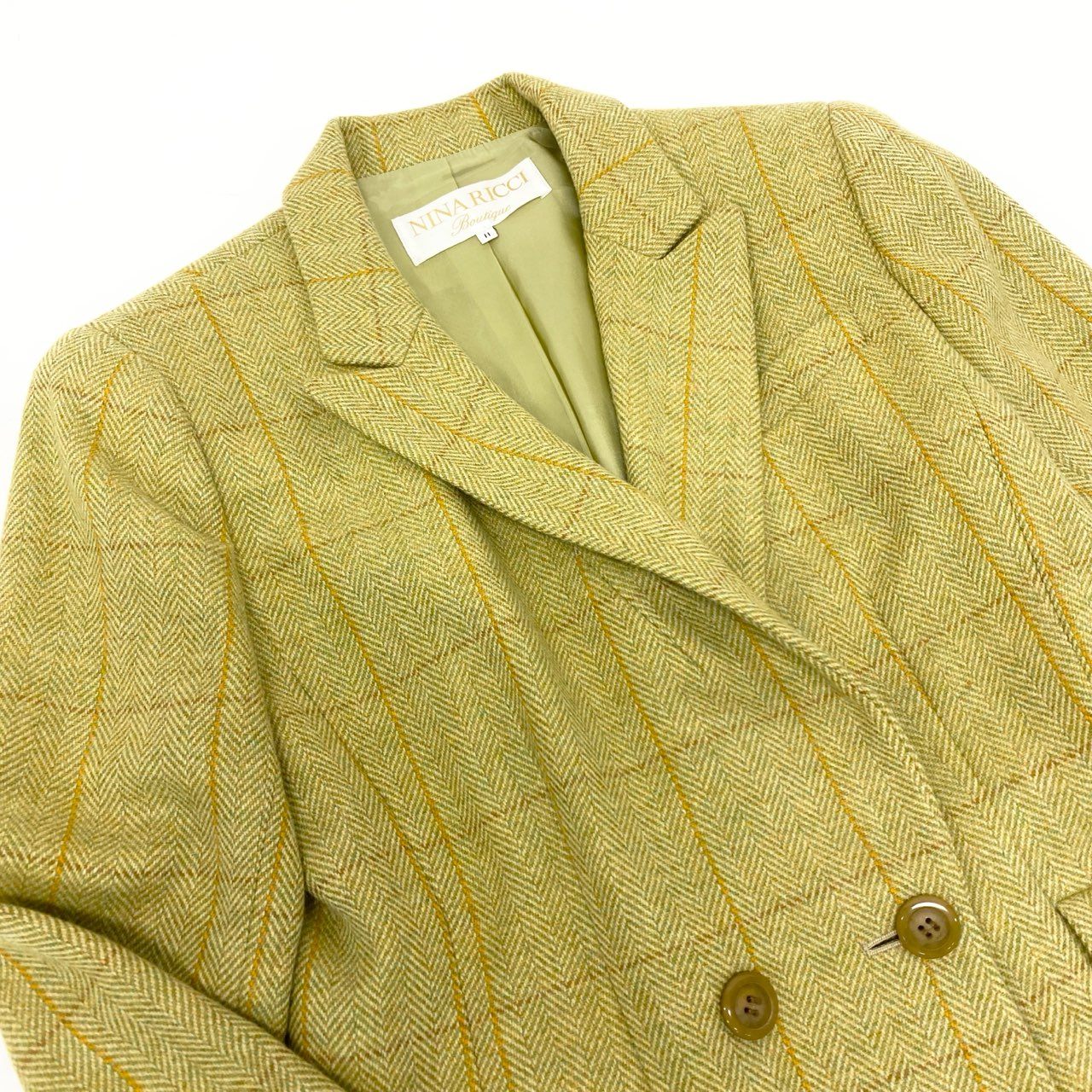 30K18《美品》 NINA RICCI BOUTIQUE ニナリッチ セットアップスカート フォーマル イギリス製生地○ ダブルブレストジャケット 膝丈スカート チェック柄  11 グリーン ラムウールu02t