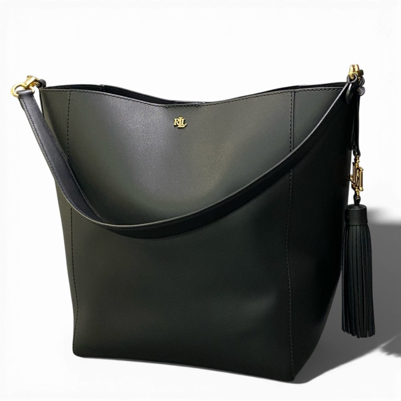 Ab20 LAUREN RALPH LAUREN ラルフローレン ロゴタッセル付き 2WAYレザートートバッグ ブラック ショルダーストラップ有t18r