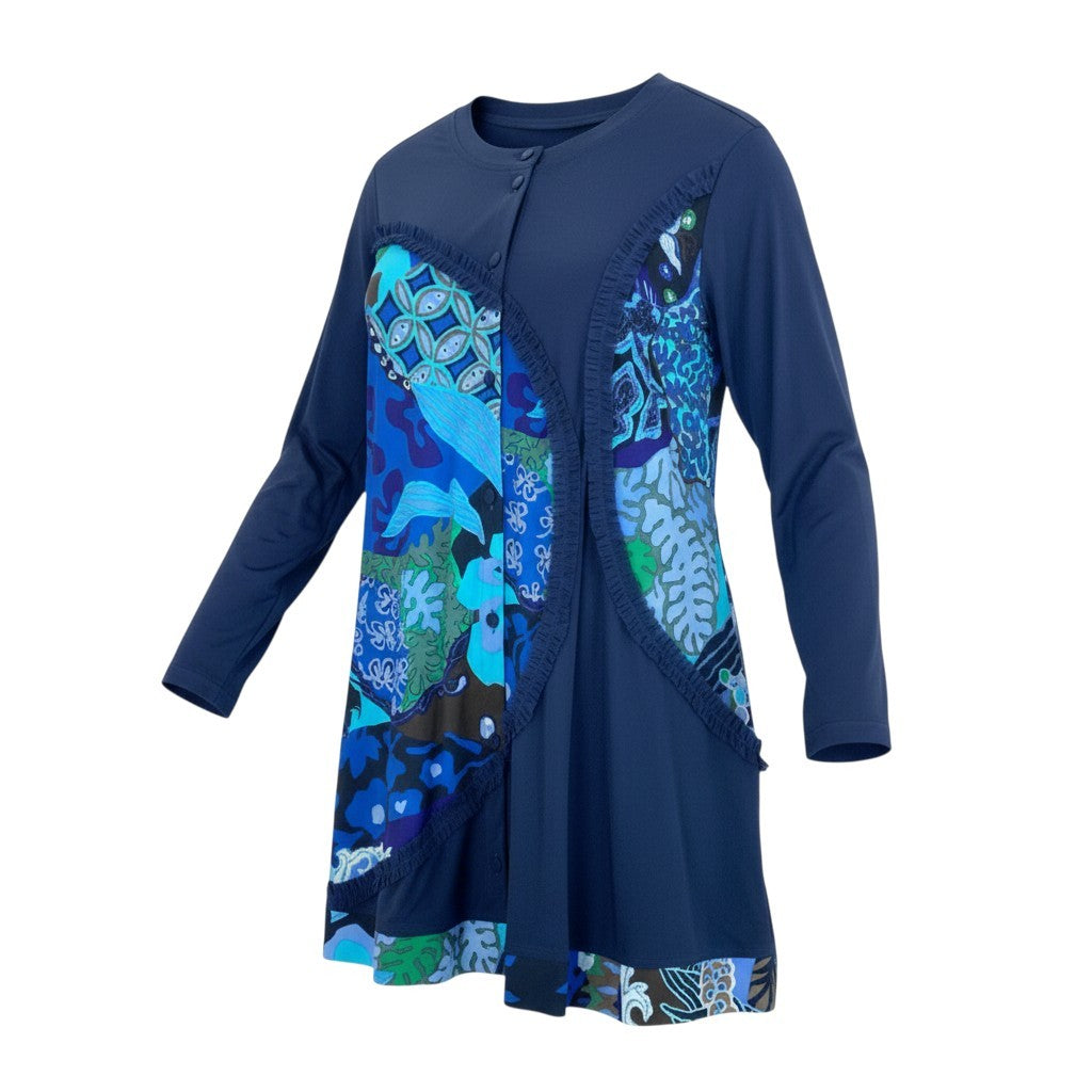 38k26 《美品》 TOKUKO 1er VOL トクコプルミエヴォル 長袖ワンピース シャツワンピース チュニック 前開き 総柄プリント 9 ブルー レディースu02t