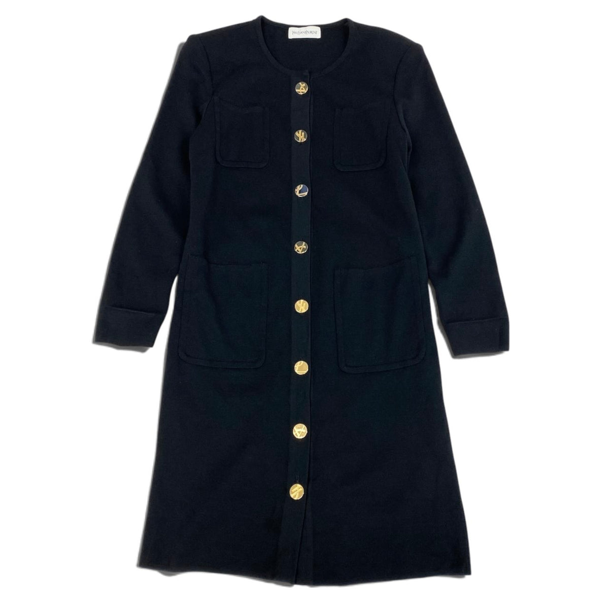 i21 YVESSAINTLAURENT ニットロングカーディガン ゴールドボタン  Mサイズ ブラック ウール100％ レディース 女性用u02t