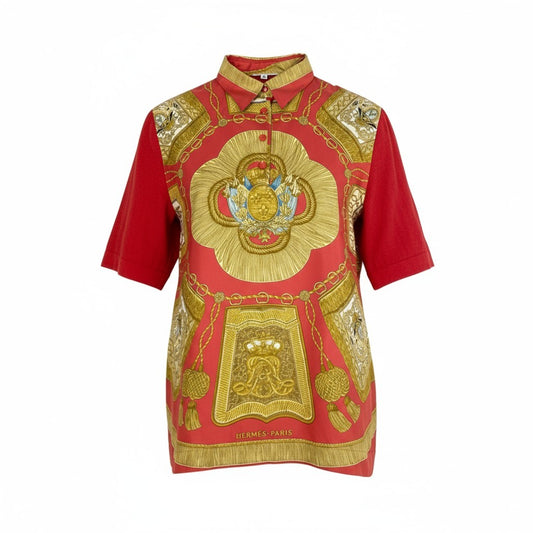 74k11【美品】HERMES エルメス 半袖シルクシャツ  スカーフ柄 ハーフボタン イタリア製 Mサイズ レッド レディースu02t