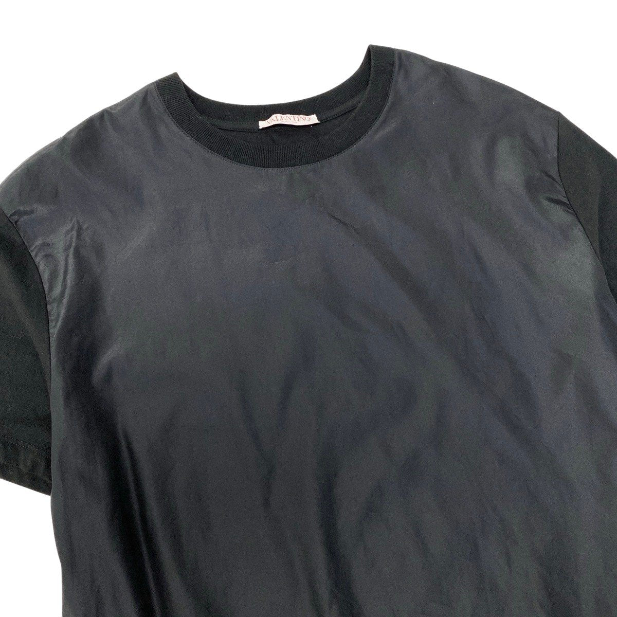 44h18 VALENTINO ヴァレンティノ 半袖カットソー Tシャツ ブランドロゴ 異素材切替 シルク ポリエステル 185/96A M ブラック メンズ 男性用t18r