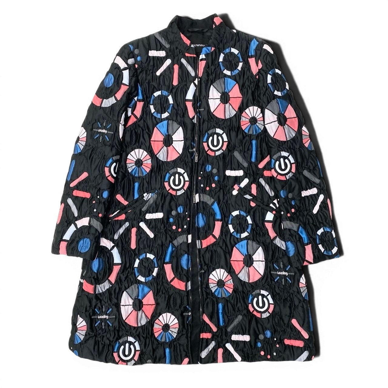 89g20 EMPORIO ARMANI エンポリオアルマーニ フルジップ キルティングコート 総柄 中綿 サイズ38 ブラック レディースu02t