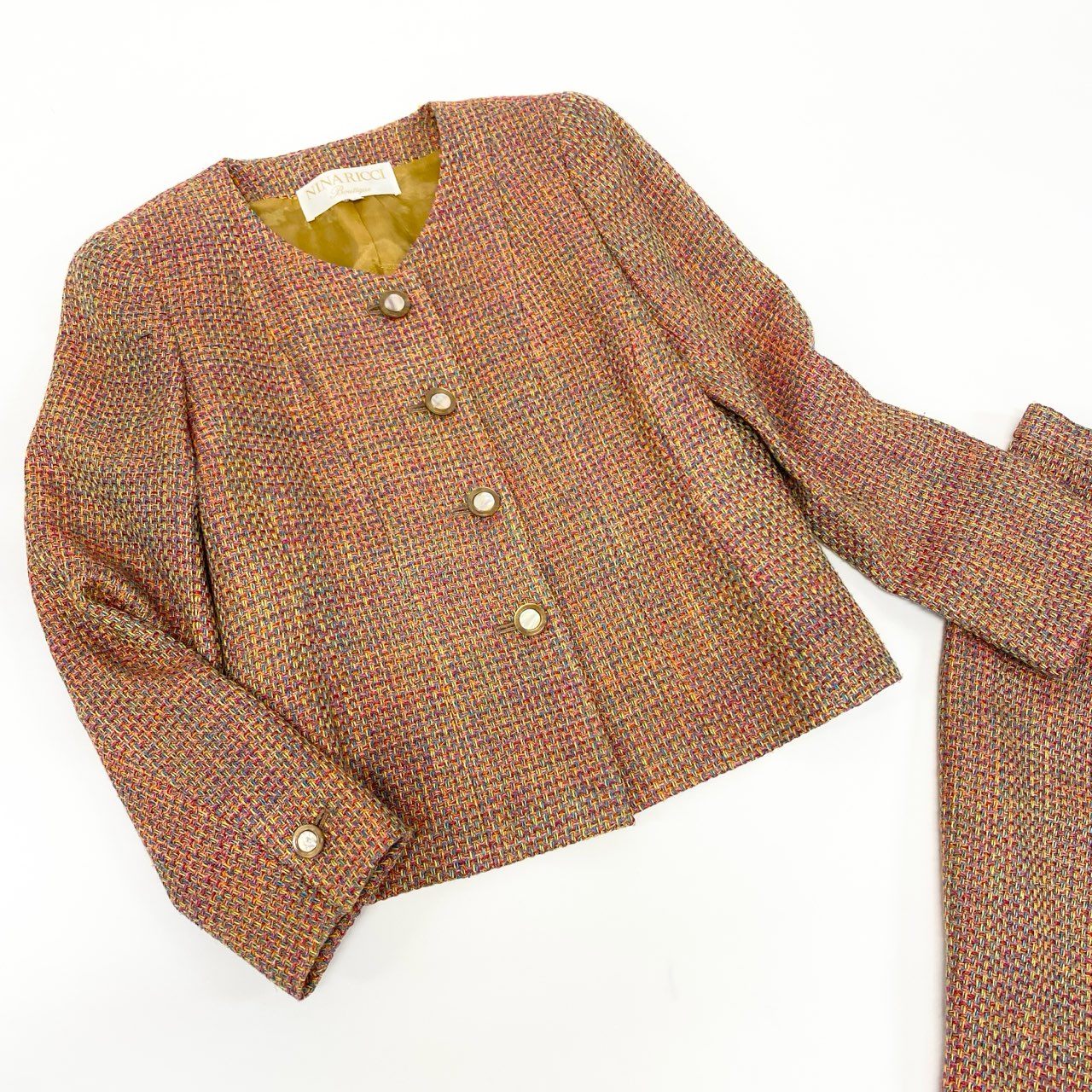 55k11 NINA RICCI Boutique ニナリッチ セットアップスカート ツイード生地 フランス製生地 ノーカラージャケット ひざ丈スカート レディース 女性用 11 マルチカラーu02t