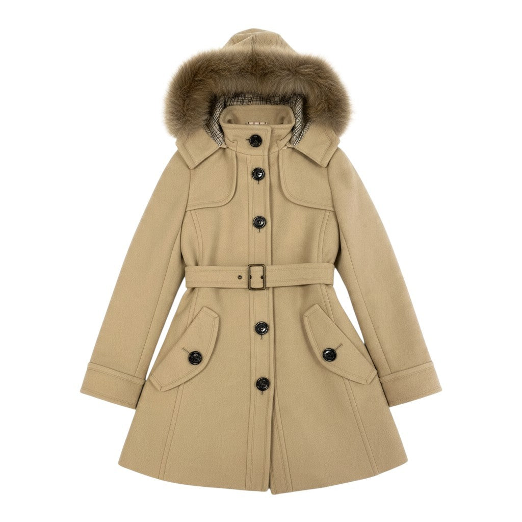 j23 BURBERRY BLUE LABEL スタンドカラーフーディーウールコート アウター 38サイズ ベージュ レディース 女性用u02t