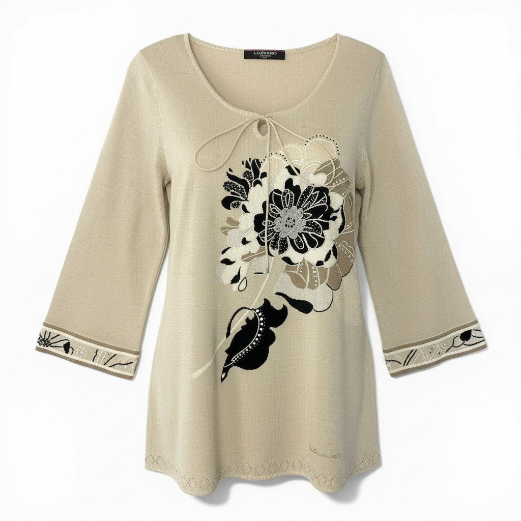 14d13 LEONARD FASHION レオナール ロングスリーブ ニットカットソー チュニック 花柄刺繍 ビーズ ラインストーン装飾 薄手 LL アイボリー レディース 女性用o07t