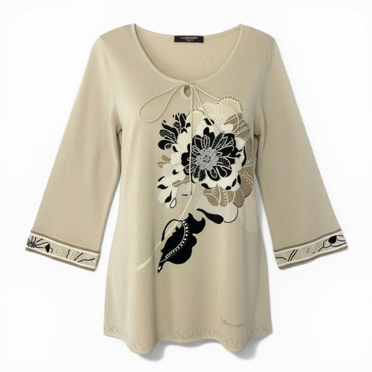 14d13 LEONARD FASHION レオナール ロングスリーブ ニットカットソー チュニック 花柄刺繍 ビーズ ラインストーン装飾 薄手 LL アイボリー レディース 女性用o07t