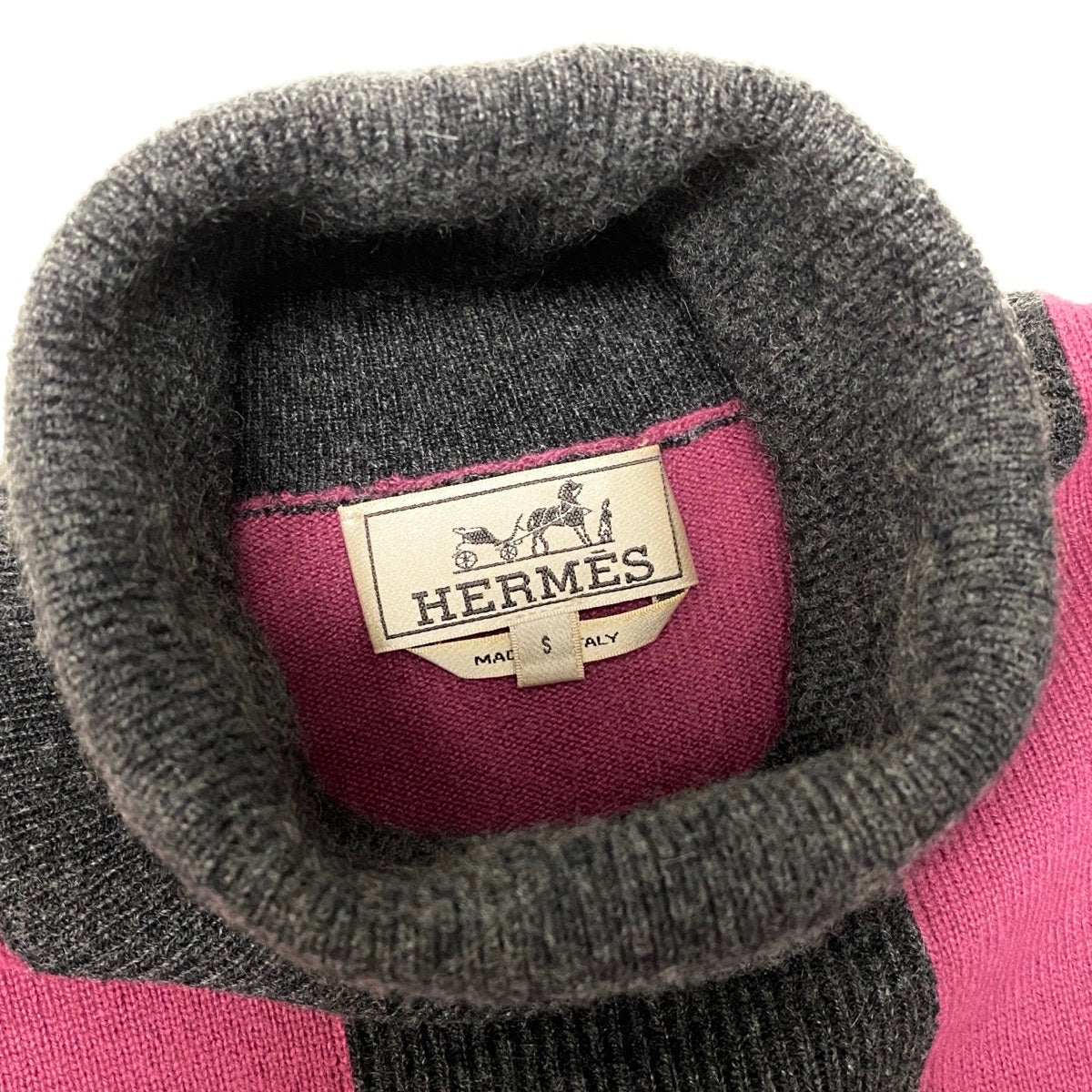 14g11 HERMES エルメス タートルネック ニットセーター バイカラー サイズS パープル グレー カシミア100％ メンズu02t