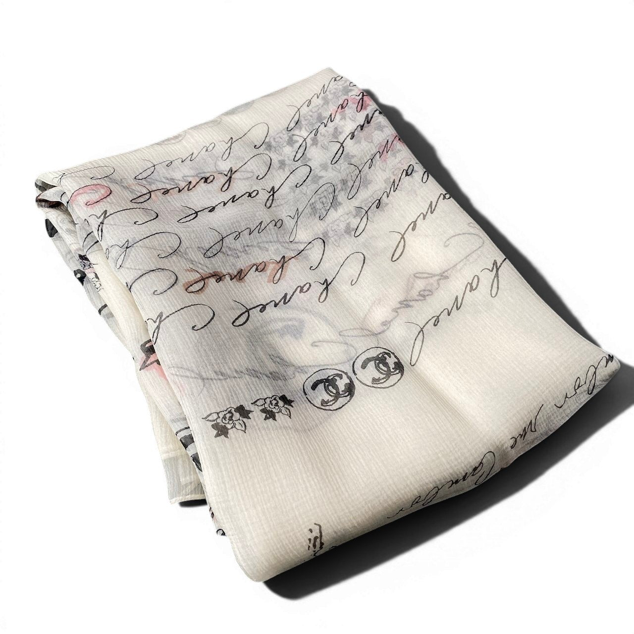 e13 CHANEL シャネル シルクスカーフ 長方形 ココマーク 総柄 ホワイト シルク100％ レディース 女性用k02i