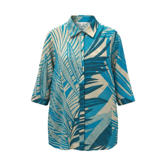 83b17 【美品】 LEONARD レオナール 七分袖シャツ シアー 総柄 比翼ボタン 40 ブルー レディース 女性用u02t